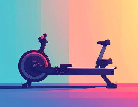 Side profile of a modern indoor rowing machine against a vibrant, colorful gradient background.