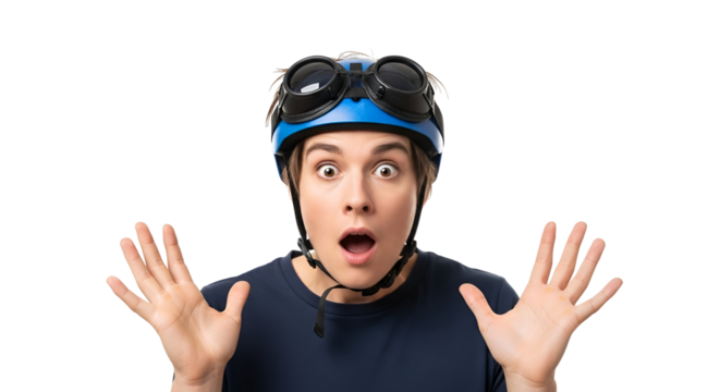 Surprised Man with Helmet and Goggles Expressing Shock Against Transparent Background Funny and expressive portrait of a rider with open mouth gesturing wow or oops concept