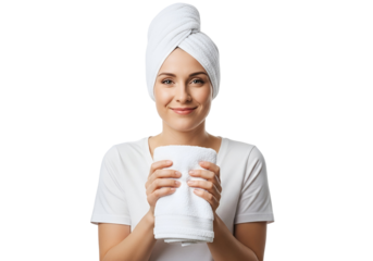 Smiling Woman with Towel Wrapped Hair Holding Folded Terry Cloth Freshly Laundered on Transparent background Promote Beauty Relaxation and Self Care Cleanliness and Personal
