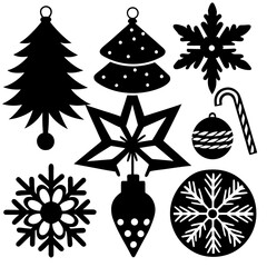 Black and White Christmas Silhouette Set — Minimalist Holiday Icons with Tree, Snowflake, Candy Cane, Bauble, and Star Vector Collection