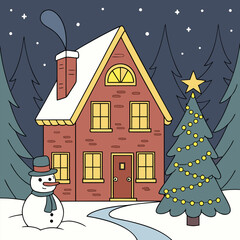 Cozy Christmas House in Snowy Forest Night