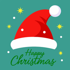 Happy Christmas Typography Design with Santa Hat, Bells, and Tree — Festive Holiday Greeting Vector Illustration