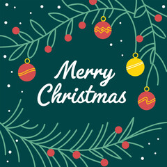 Merry Christmas Greeting on Dark Green Pine Needle Background with Ornaments and Fairy Lights — Festive Holiday Vector Illustration