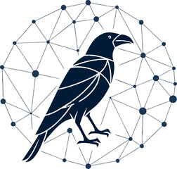 Silhouette of a crow inside a geometric network of connected dots forming a circular structure