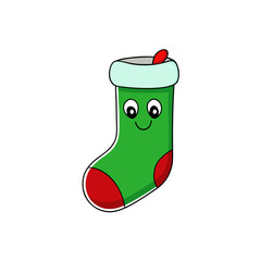Green Christmas Stocking with White Top and Red Heel and Toe — Festive Holiday Vector Illustration