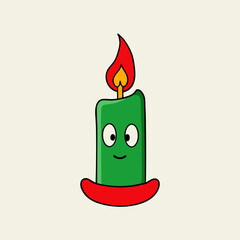 Green Candle in Red Holder with Red Flame — Festive Christmas Decoration Vector Illustration