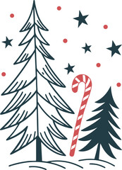 Illustration of christmas trees candy cane and stars creating a festive holiday season scene