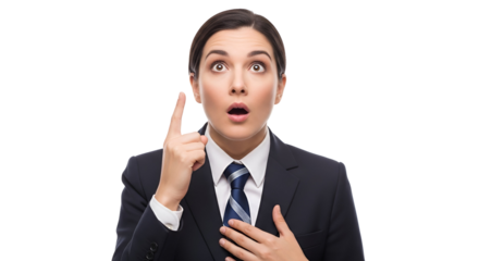 Excited businesswoman gesturing eureka moment idea concept with finger pointing up isolated on Transparent background woman in elegant business attire having an epiphany or