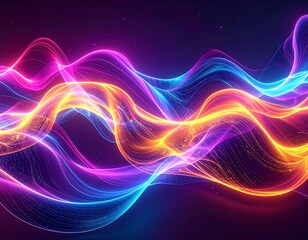 Vibrant neon light waves flowing across a dark background, creating an abstract and dynamic energy pattern with glowing particles.