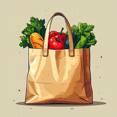 A brown paper bag overflowing with fresh vegetables, including peppers and leafy greens.