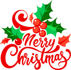 Merry Christmas Typography with Holly Leaves and Red Berries — Elegant Script Holiday Greeting Vector on Transparent Background
