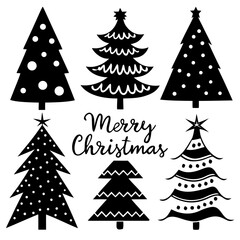 Black Christmas Tree Icon Set — Six Minimalist Tree Designs for Holiday Decoration, Stencil, and Vector Art