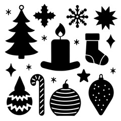 Flat Festive Christmas Icon Set — Minimal Brown Holiday Symbols with Santa Hat, Tree, Candle, Gift, and Bells on Cream Background