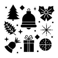 Minimal Christmas Icon Set in Brown — Elegant Holiday Vector Collection with Bells, Santa Hat, Gift, Candle, Tree, and Star