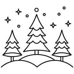 Minimalist Christmas Tree Line Art Landscape — Elegant Black and White Holiday Vector for Coloring Pages and Greeting Cards