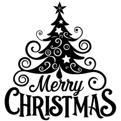 Merry Christmas Swirly Script with Christmas Tree - Vector Design