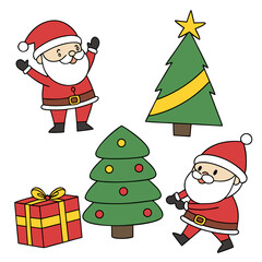 Christmas Cartoon Elements Set — Santa Claus, Trees, Gifts, and Holiday Decorations Clipart Collection on Transparent Background