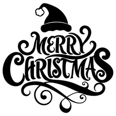 Merry Christmas Santa Hat and Mustache Calligraphy - Black & White Festive Vector