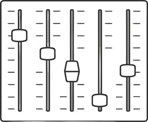 Illustration of a sound mixing board with five vertical sliders and horizontal tick marks for levels