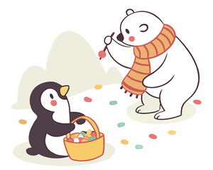 Penguin holding a basket and a polar bear with scarf in a candy filled landscape illustration