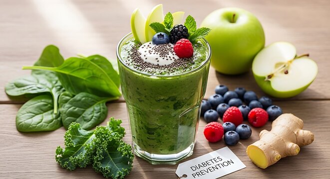 Delicious green smoothie for diabetes prevention with fresh fruits and vegetables appeal - Powered by Adobe