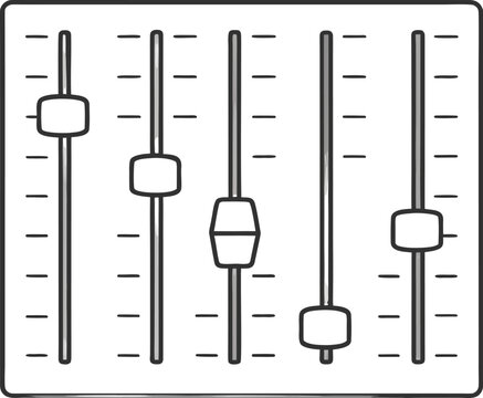 Illustration of a sound mixing board with five vertical sliders and horizontal tick marks for levels