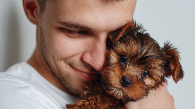 Attractive man embracing a delightful puppy indoors Close up studio shot Theme of nurturing and training pets - Powered by Adobe