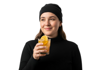 Stylish Woman Enjoying a Refreshing Cocktail in Transparent Background Young Woman in Black Holding a Glass of Citrus Drink Beverage Presentation on a Blank Canvas for Mockups