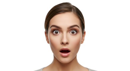 Surprised attractive woman facial expression with wide eyes and open mouth portraying shock and astonishment reaction in a portrait with a Transparent background