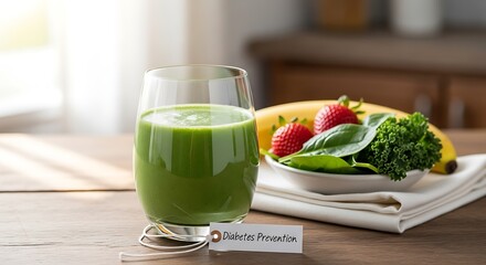 Delicious green smoothie for diabetes prevention with healthy fruits and vegetables indoors