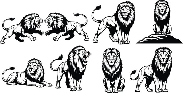 Lion silhouette vector set, roaring and resting poses, black graphic collection, editable wild animal illustrations, majestic feline icons, nature themed design