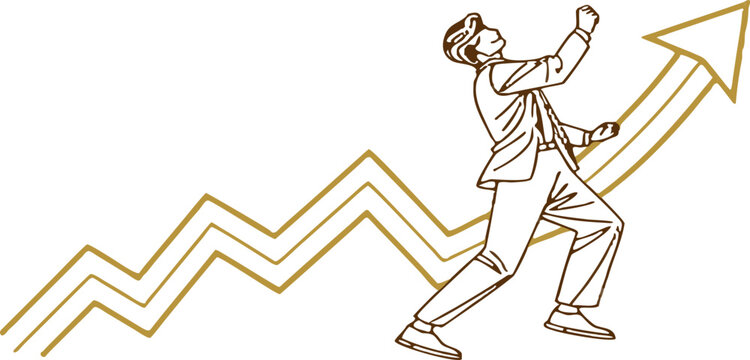Man in suit climbing an upward trending arrow line graph with fist raised in success and achievement