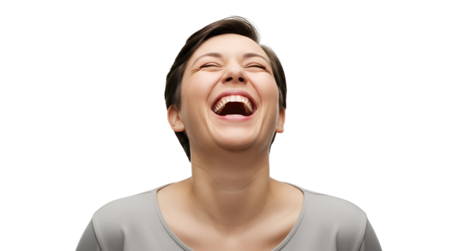 Laughing woman portrait isolated with closed eyes Joyful expression of happy female showing teeth in amusement Short hair cheerful lady expressing gladness Transparent background