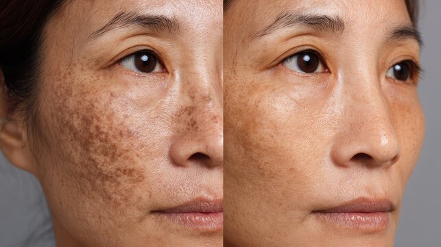 Facial treatment for an Asian woman addressing melasma wrinkles dark spots and dry skin Skincare issues before and after