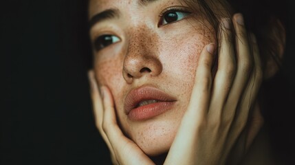 Fototapeta premium A stressed young Asian woman examines dark spots on her face possibly melasma or freckles due to sun allergy Beauty care and skincare treatment for her skin issue