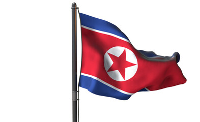 North Korean Flag in Motion: The North Korean flag proudly unfurls against a clear backdrop, its vibrant colors representing the nation's identity and spirit.