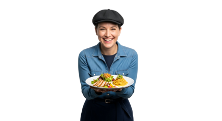Happy Woman Holding Healthy Meal Plate On Transparent Background Delighted Female Serving Salad Pasta And Grilled Chicken Healthy Food Offer Nutrition Diet Concept On Black