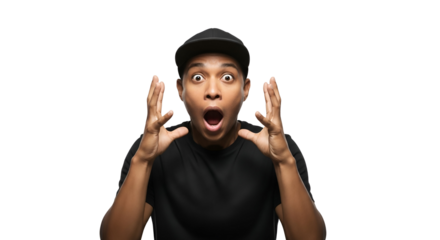 Surprised Man with Open Mouth Isolated on Transparent Background Astonished African American Guy in Black Outfit Overwhelmed by News Shocked Face Expression Dramatic Portrait of