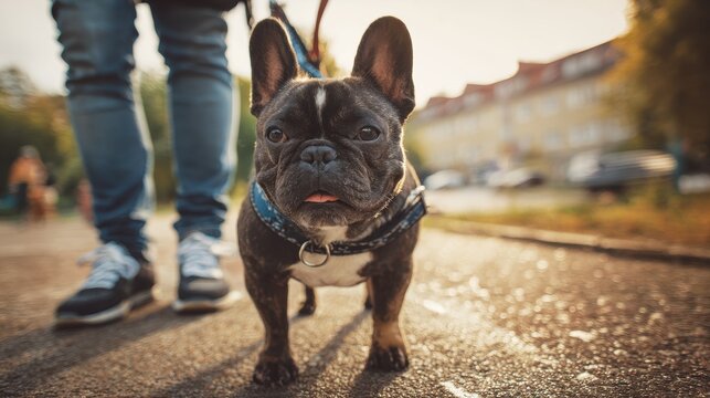 French bulldog strolling at a dog friendly park with its owner enjoying city life during summer Concept of pet humanization