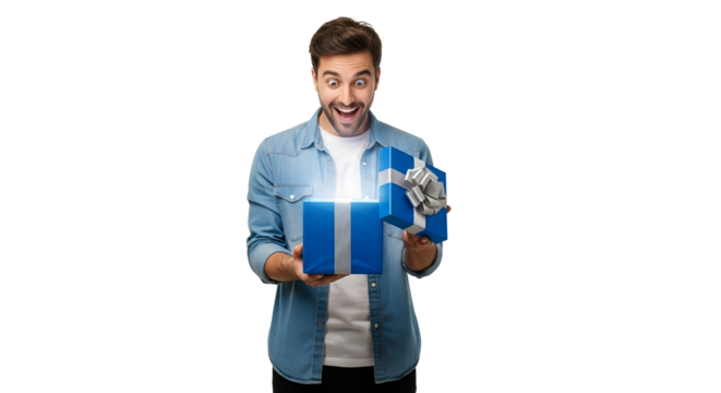 Excited man opening a magical gift box with bright light shining revealing surprises a moment of joy and happiness on Transparent background for your creative design needs