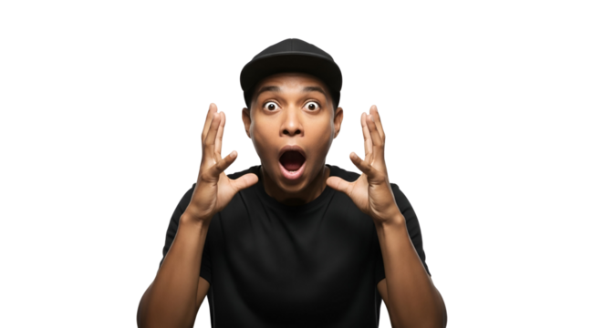 Surprised Man with Open Mouth Isolated on Transparent Background Astonished African American Guy in Black Outfit Overwhelmed by News Shocked Face Expression Dramatic Portrait of