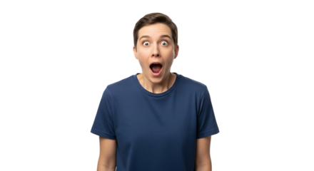 Surprised woman with mouth open eyes wide in total shock on transparent backdrop with editable copy space for graphic composition depicting amazement reaction or comical fear