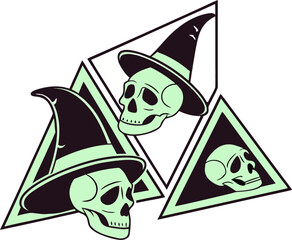 Three triangle frames containing skulls wearing witch hats in a spooky halloween themed design
