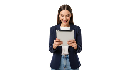 Fototapeta premium Excited young woman in business casual attire using a tablet device on Transparent background Happy female professional looks at tablet with joy concept of digital technology