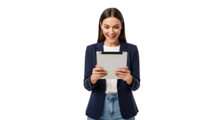 Excited young woman in business casual attire using a tablet device on Transparent background Happy female professional looks at tablet with joy concept of digital technology