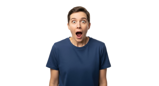 Surprised woman with mouth open eyes wide in total shock on transparent backdrop with editable copy space for graphic composition depicting amazement reaction or comical fear
