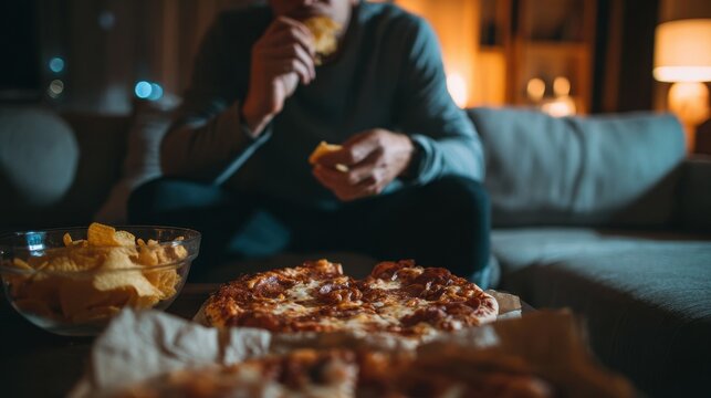 Nighttime close up of a person snacking on pizza and chips in front of the TV Poor habit