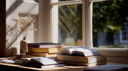 Obraz premium Warm sunlight illuminates open books on a wooden table by a window