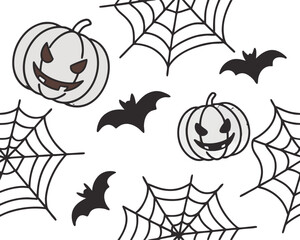 Halloween themed pattern with pumpkins, bats, and spider webs creating a spooky and festive atmosphere