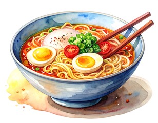A vibrant watercolor painting of a bowl of ramen, with noodles, eggs, and tomatoes
